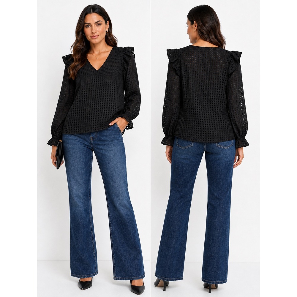 Entro Blouse Medium Black Ruffle Shoulder V-Neck Sheer Grid Long Sleeve T117386